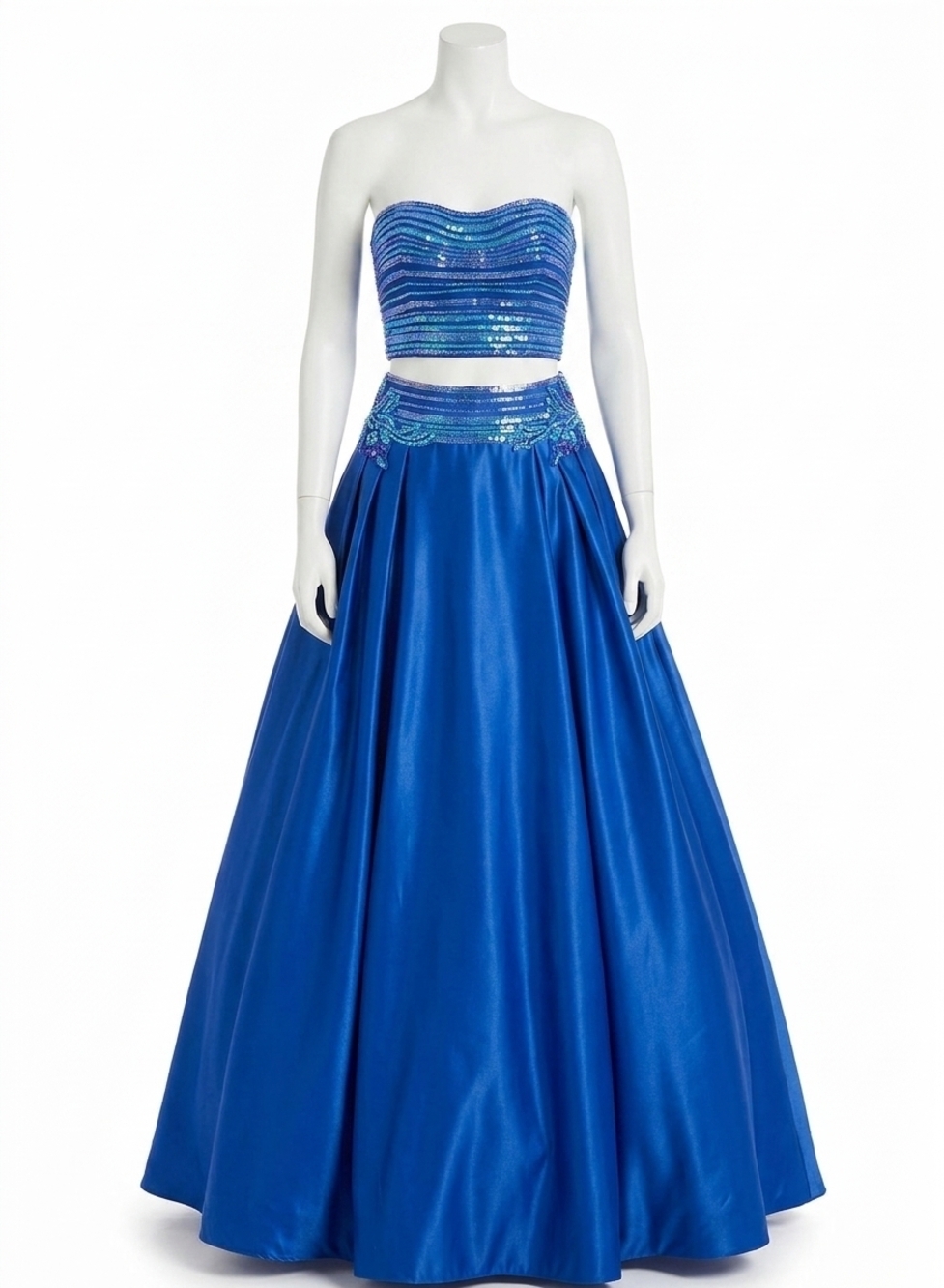NEW RACHEL ALLAN two-piece matte satin beaded prom gown in royal